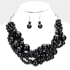Black multi strand pearl necklace set